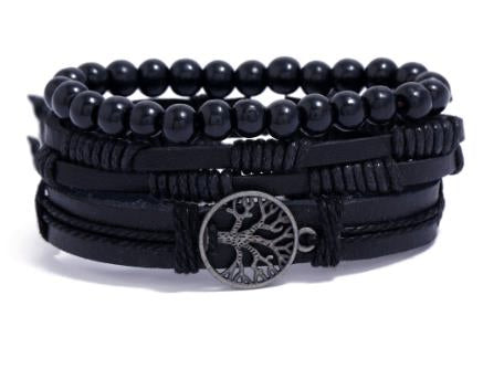 Pulseira Masculina de Couro e Tecido Tree Of Life (Árvore da Vida)